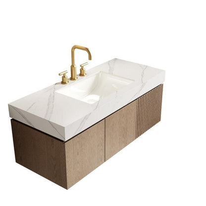 48" Brown Wood Floating Double Door Bathroom Vanity With White Ceramic Sink HomeRoots