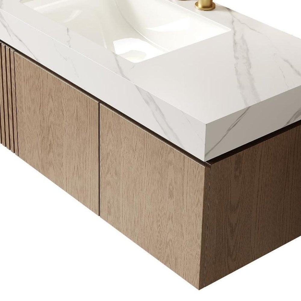 48" Brown Wood Floating Double Door Bathroom Vanity With White Ceramic Sink — view 5