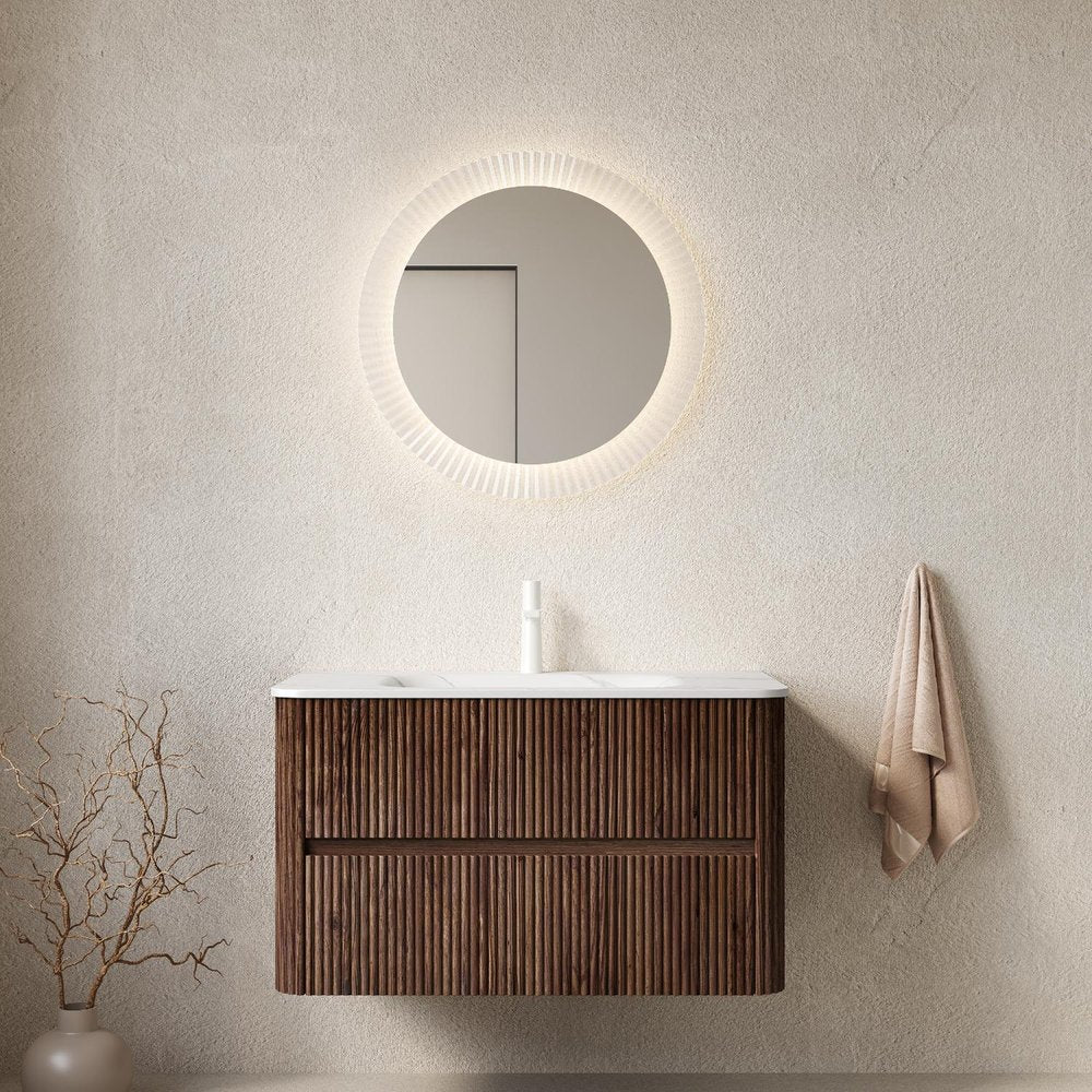 36" Brown Wood Floating Bathroom Vanity With White Ceramic Sink With Two Drawers — view 1
