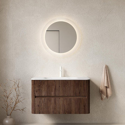 36" Brown Wood Floating Bathroom Vanity With White Ceramic Sink With Two Drawers HomeRoots