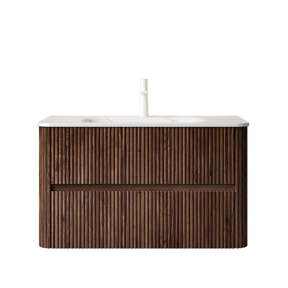 36" Brown Wood Floating Bathroom Vanity With White Ceramic Sink With Two Drawers — view 2