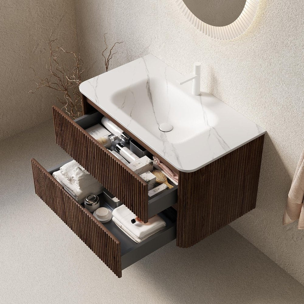 36" Brown Wood Floating Bathroom Vanity With White Ceramic Sink With Two Drawers HomeRoots