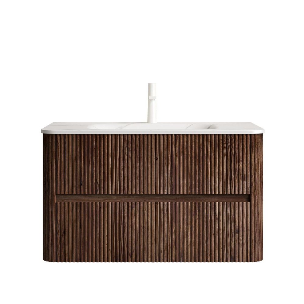 36" Brown Wood Floating Bathroom Vanity With White Ceramic Sink With Two Drawers