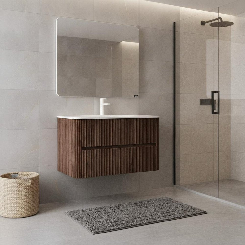 36" Brown Wood Floating Bathroom Vanity With White Ceramic Sink With Two Drawers HomeRoots