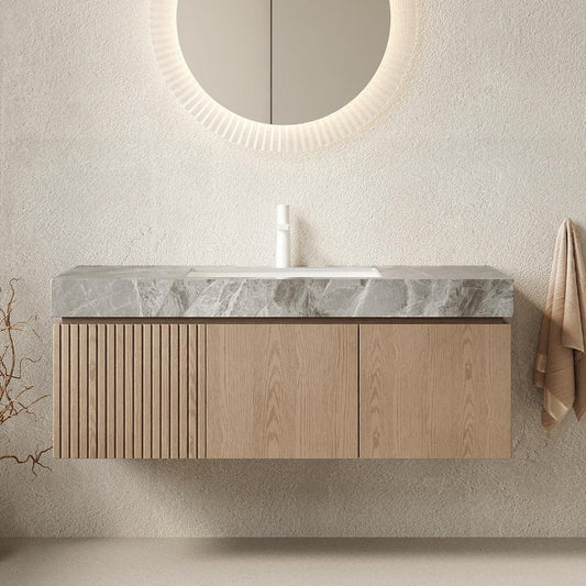 48" Brown Wood Floating Double Door Bathroom Vanity With White Ceramic Sink