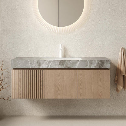 48" Brown Wood Floating Double Door Bathroom Vanity With White Ceramic Sink HomeRoots