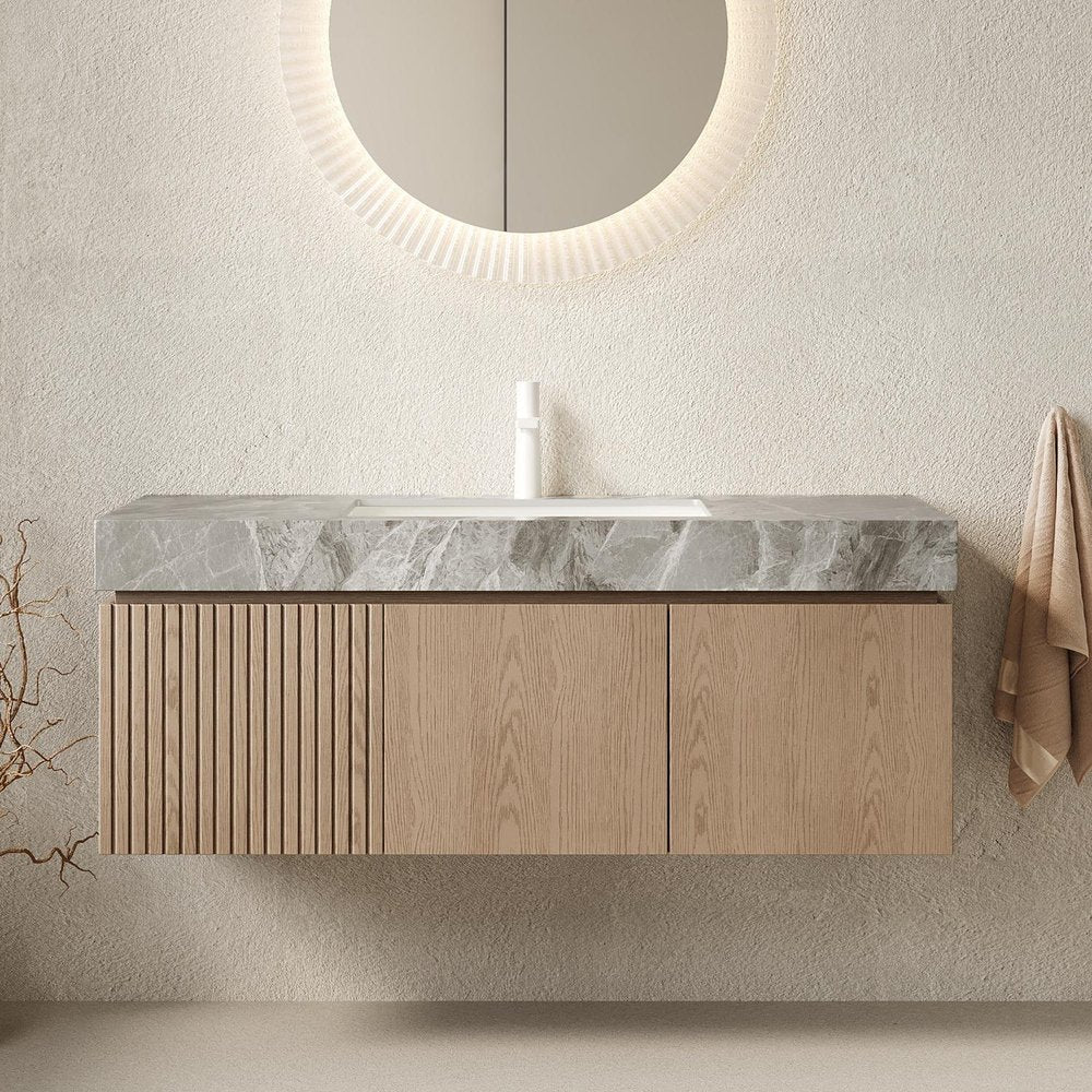 48" Brown Wood Floating Double Door Bathroom Vanity With White Ceramic Sink