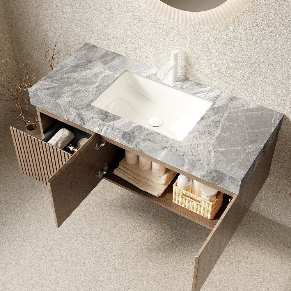 48" Brown Wood Floating Double Door Bathroom Vanity With White Ceramic Sink HomeRoots