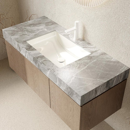 48" Brown Wood Floating Double Door Bathroom Vanity With White Ceramic Sink HomeRoots
