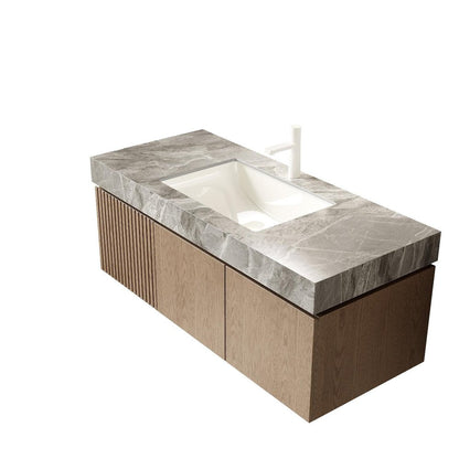 48" Brown Wood Floating Double Door Bathroom Vanity With White Ceramic Sink HomeRoots