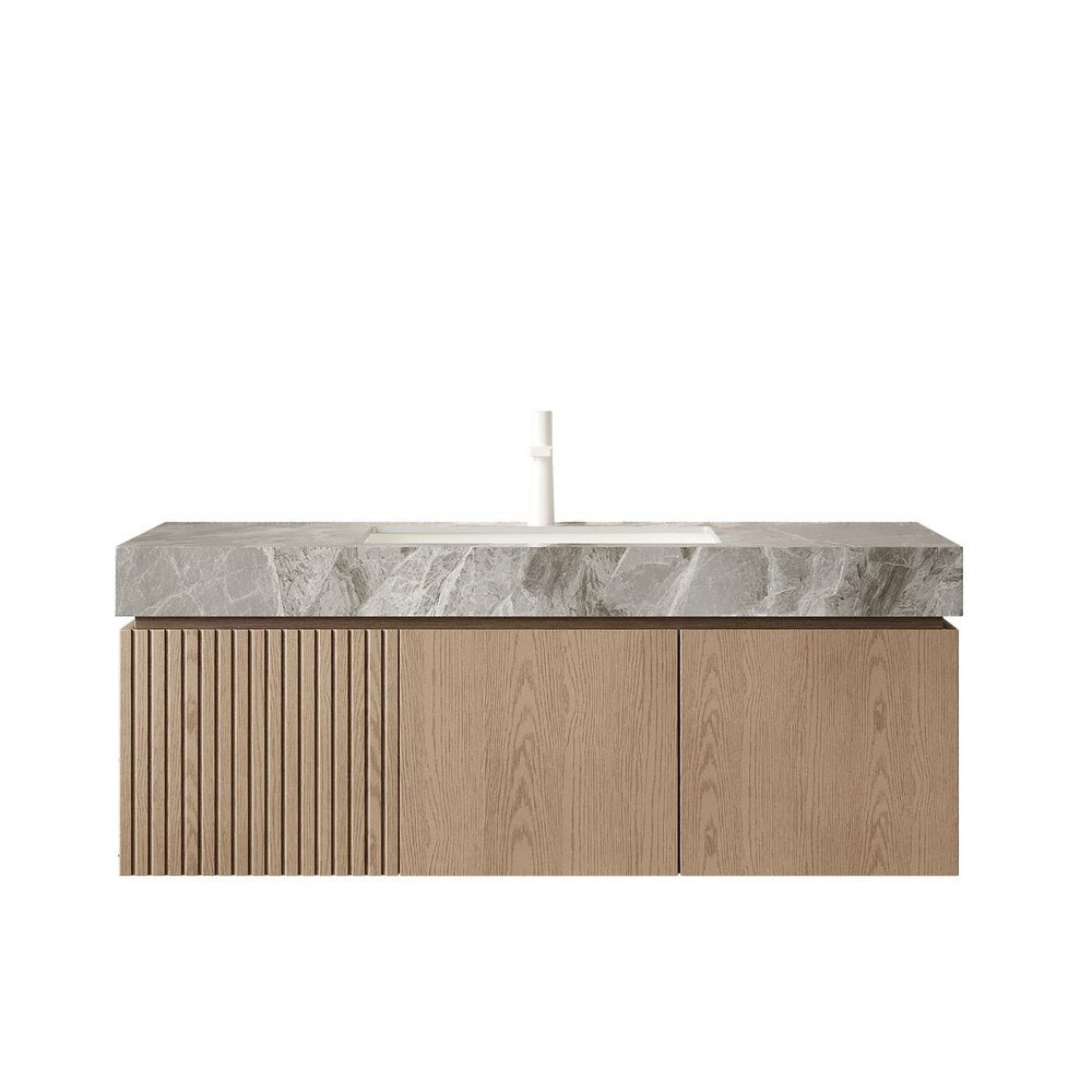 48" Brown Wood Floating Double Door Bathroom Vanity With White Ceramic Sink