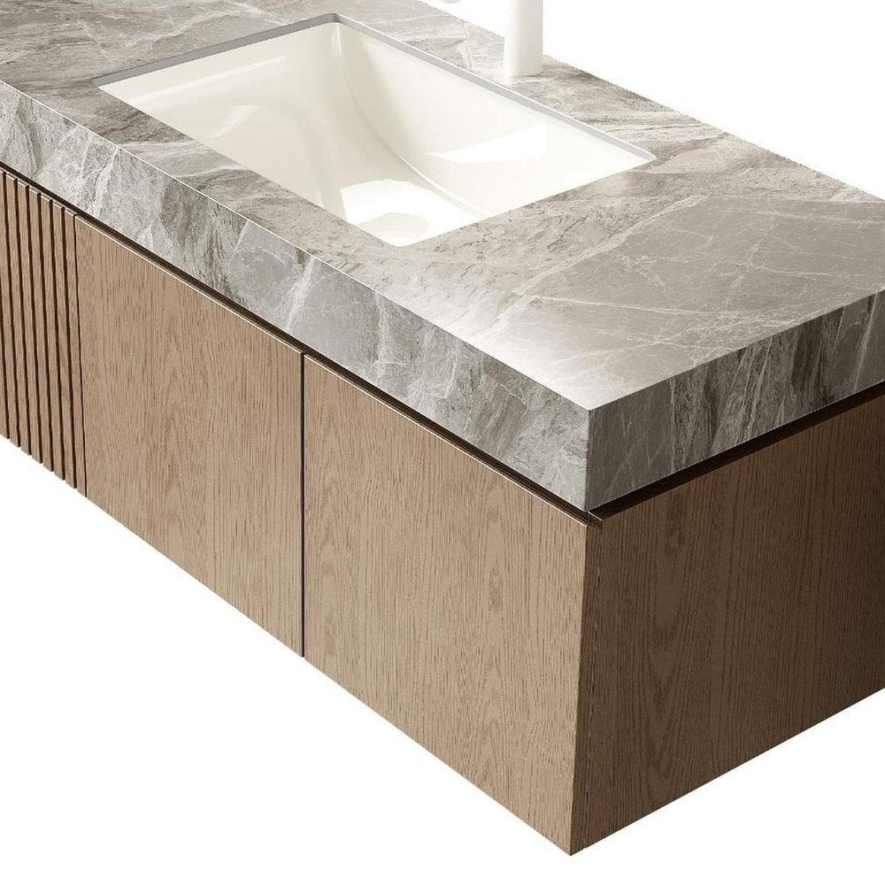 48" Brown Wood Floating Double Door Bathroom Vanity With White Ceramic Sink — view 6