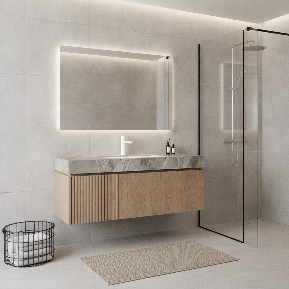 48" Brown Wood Floating Double Door Bathroom Vanity With White Ceramic Sink