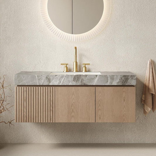 48" Brown Wood Floating Double Door Bathroom Vanity With White Ceramic Sink
