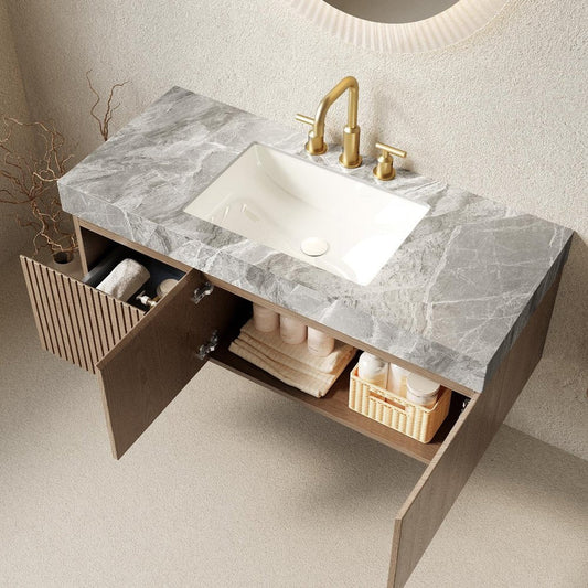 48" Brown Wood Floating Double Door Bathroom Vanity With White Ceramic Sink