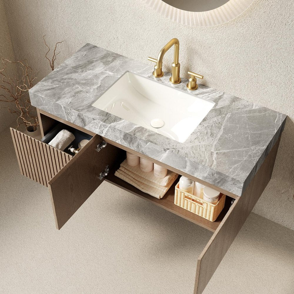 48" Brown Wood Floating Double Door Bathroom Vanity With White Ceramic Sink — view 2