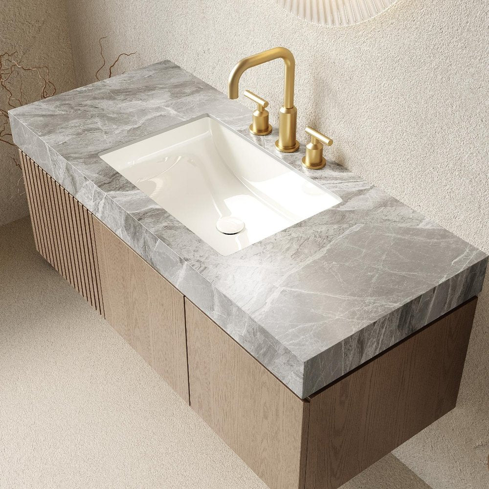 48" Brown Wood Floating Double Door Bathroom Vanity With White Ceramic Sink HomeRoots