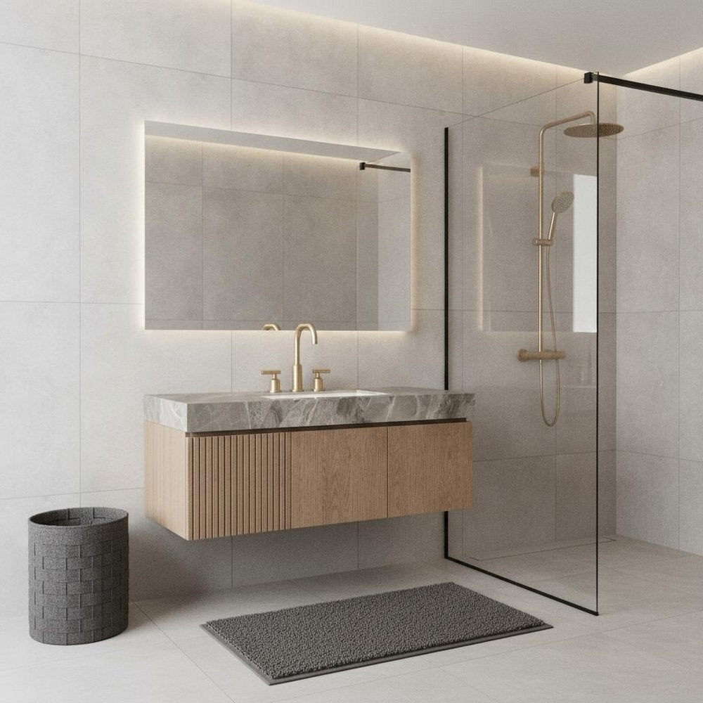 48" Brown Wood Floating Double Door Bathroom Vanity With White Ceramic Sink — view 4
