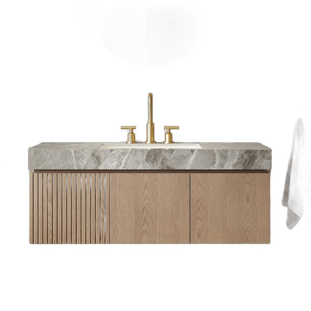 48" Brown Wood Floating Double Door Bathroom Vanity With White Ceramic Sink HomeRoots