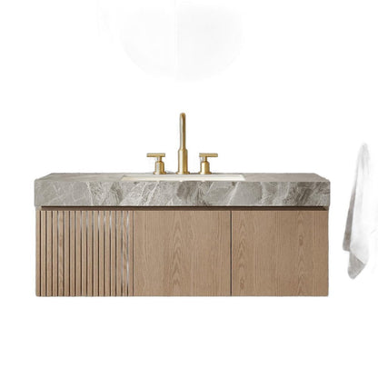 48" Brown Wood Floating Double Door Bathroom Vanity With White Ceramic Sink HomeRoots