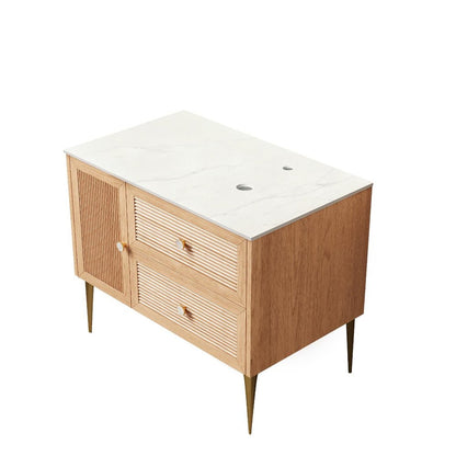 36" Brown Wood Floating Single Door Bathroom Vanity With Two Drawers HomeRoots
