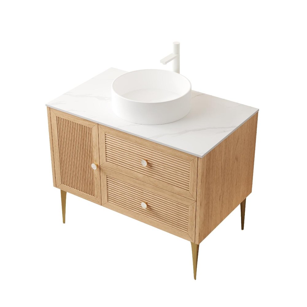 36" Brown Wood Floating Single Door Bathroom Vanity With Two Drawers HomeRoots