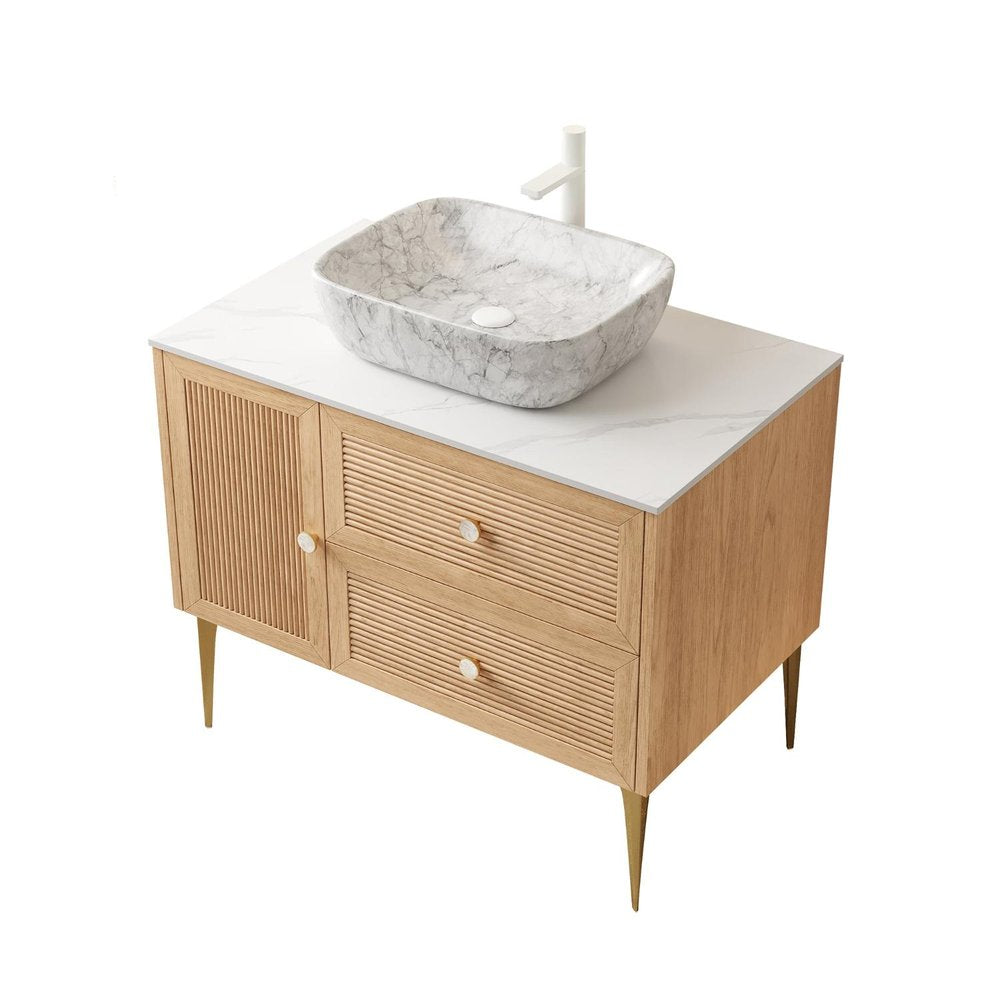36" Brown Wood Floating Single Door Bathroom Vanity With Two Drawers HomeRoots