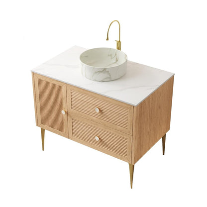 36" Brown Wood Floating Single Door Bathroom Vanity With Two Drawers HomeRoots