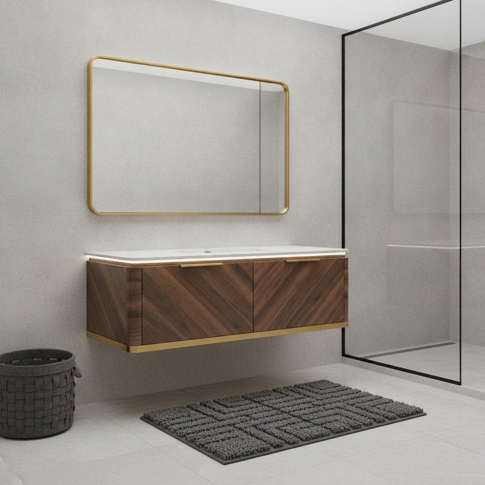 48" Brown Wood Floating Bathroom Vanity With Two Drawers — view 4