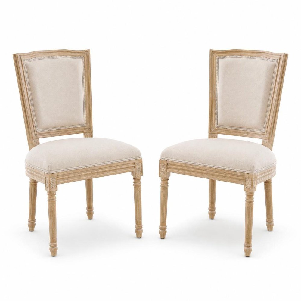 Set of Two Beige And Natural Linen And Solid Wood Dining Side Chairs HomeRoots
