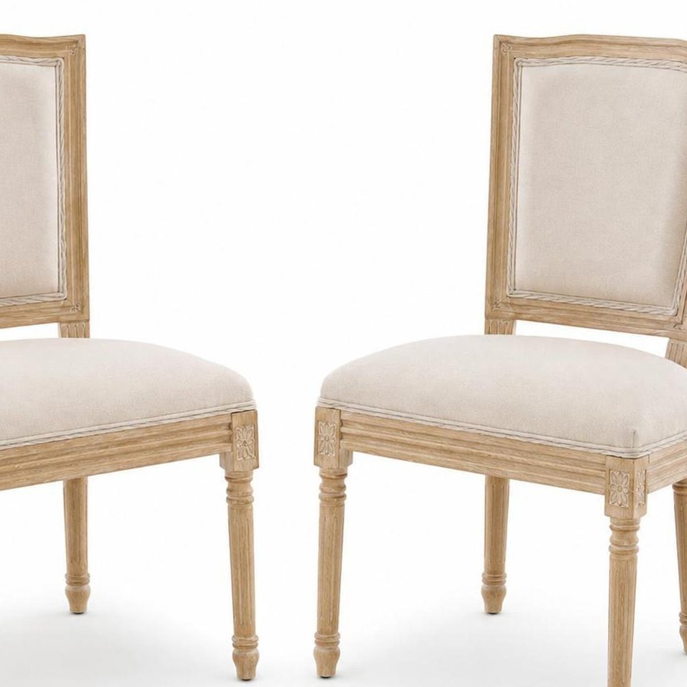 Set of Two Beige And Natural Linen And Solid Wood Dining Side Chairs — view 5