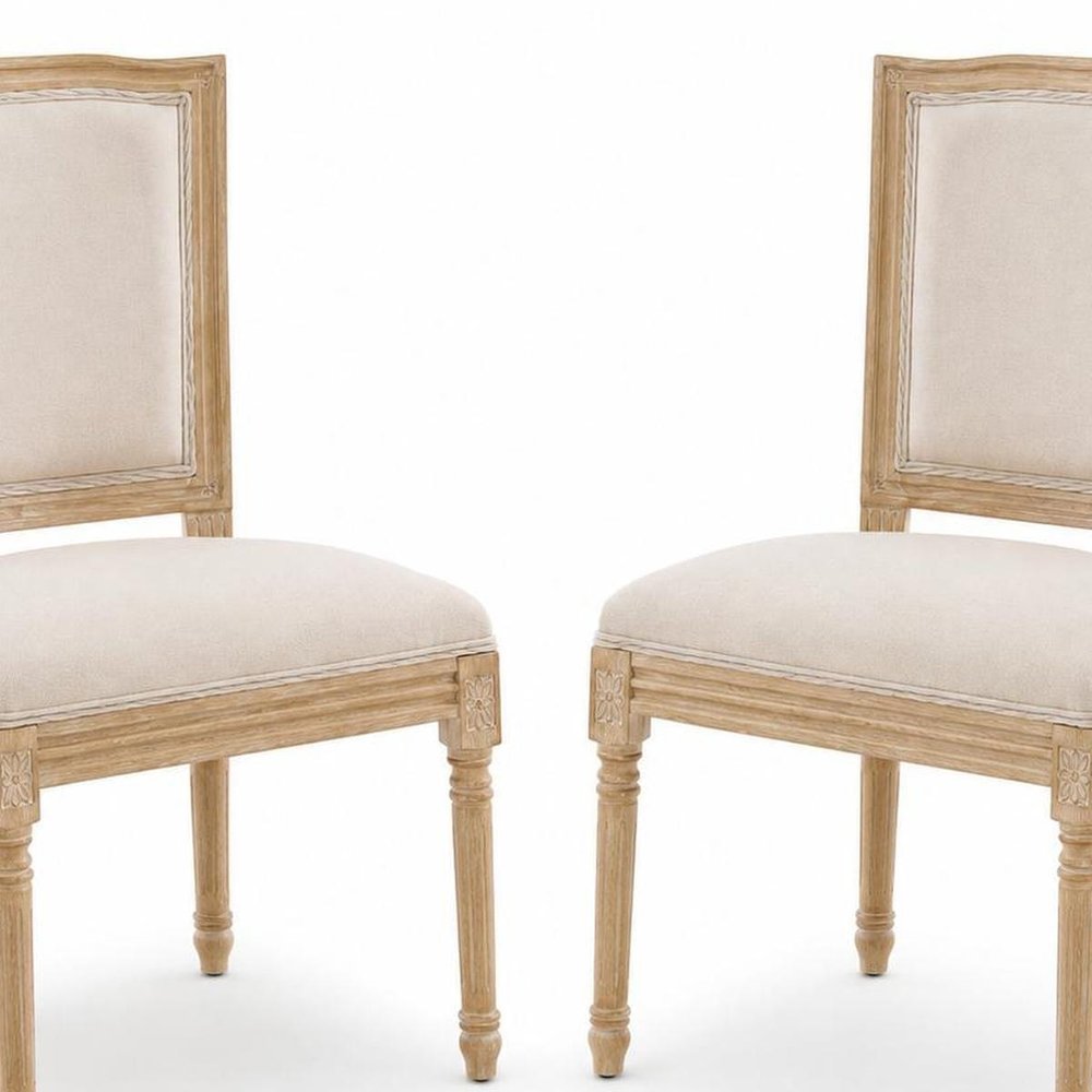 Set of Two Beige And Natural Linen And Solid Wood Dining Side Chairs HomeRoots