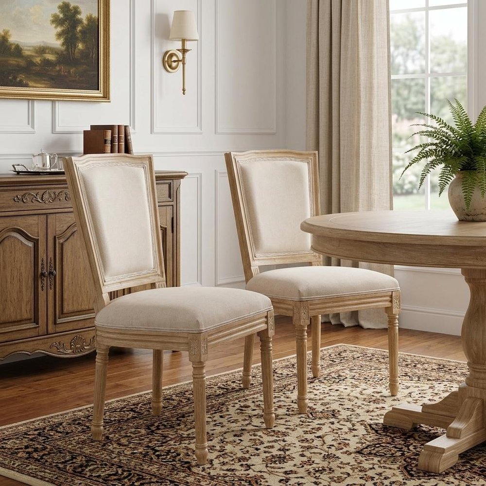 Set of Two Beige And Natural Linen And Solid Wood Dining Side Chairs HomeRoots