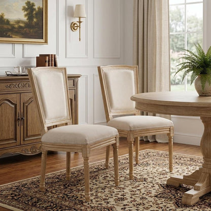 Set of Two Beige And Natural Linen And Solid Wood Dining Side Chairs HomeRoots