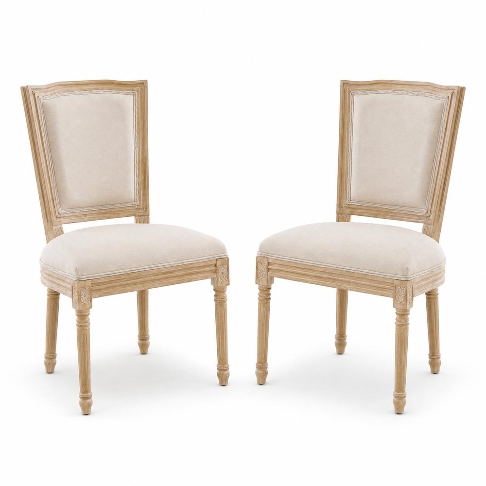Set of Two Beige And Natural Linen And Solid Wood Dining Side Chairs HomeRoots