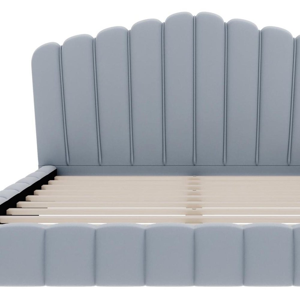 Light Blue Tufted Velvet Scallop Shell Upholstered Queen Bed Frame HomeRoots