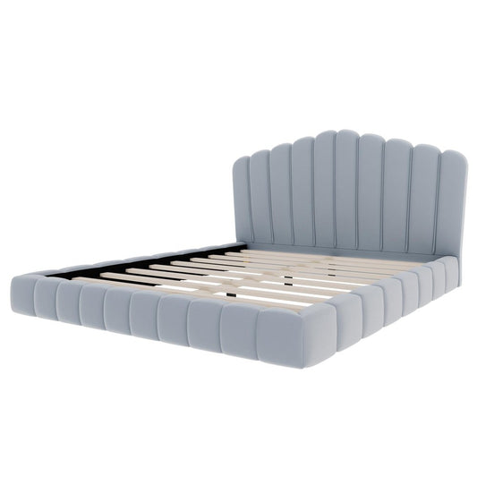 Light Blue Tufted Velvet Scallop Shell Upholstered Queen Bed Frame
