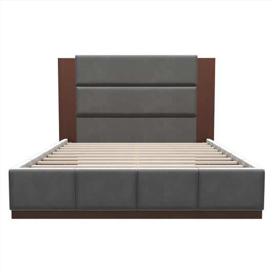 Brown And Gray Solid Wood And Tufted Velvet Upholstered Queen Bed Frame