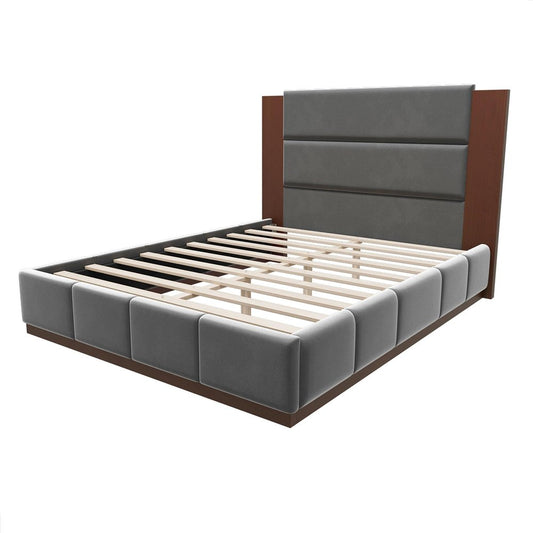 Brown And Gray Solid Wood And Tufted Velvet Upholstered Queen Bed Frame