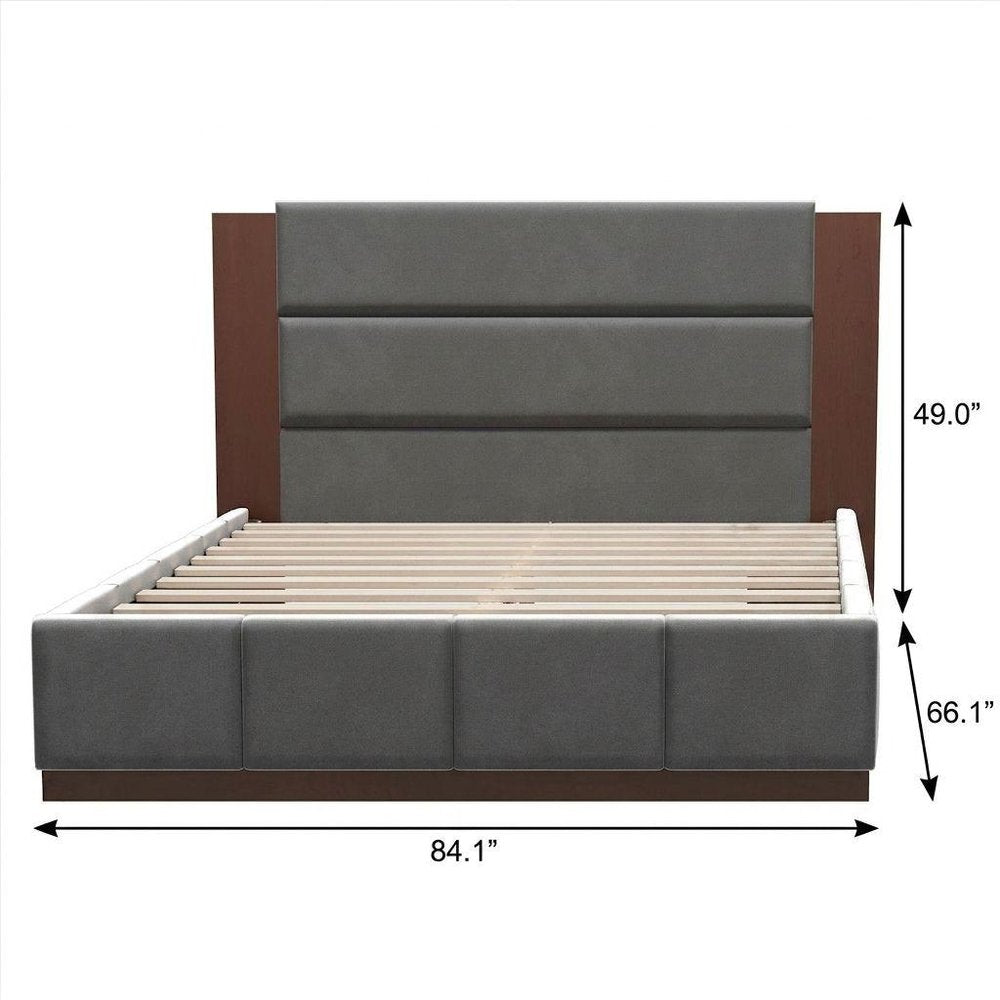 Brown And Gray Solid Wood And Tufted Velvet Upholstered Queen Bed Frame — view 6