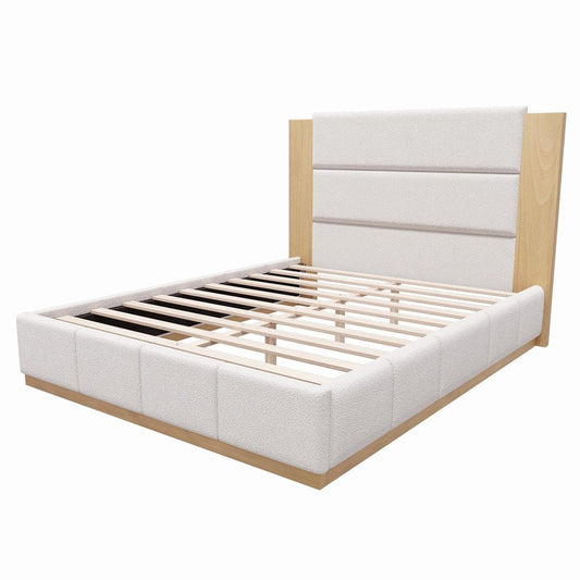 Natural And Off White Solid Wood And Tufted Boucle Upholstered King Bed Frame