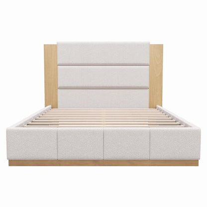 Natural And Off White Solid Wood And Tufted Boucle Upholstered King Bed Frame HomeRoots
