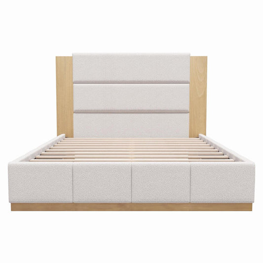 Natural And Off White Solid Wood And Tufted Boucle Upholstered King Bed Frame