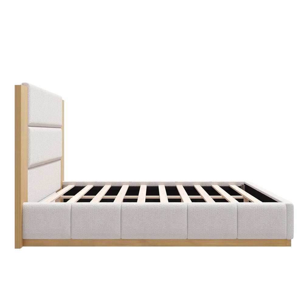 Natural And Off White Solid Wood And Tufted Boucle Upholstered King Bed Frame HomeRoots