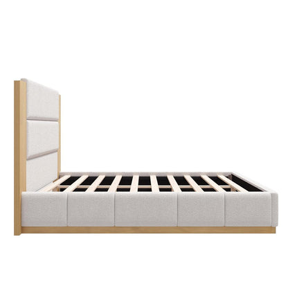 Natural And Off White Solid Wood And Tufted Boucle Upholstered King Bed Frame HomeRoots