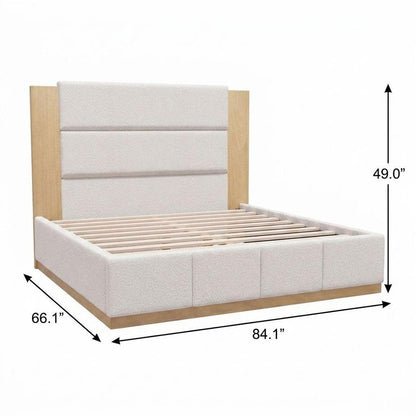 Natural And Off White Solid Wood And Tufted Boucle Upholstered King Bed Frame HomeRoots