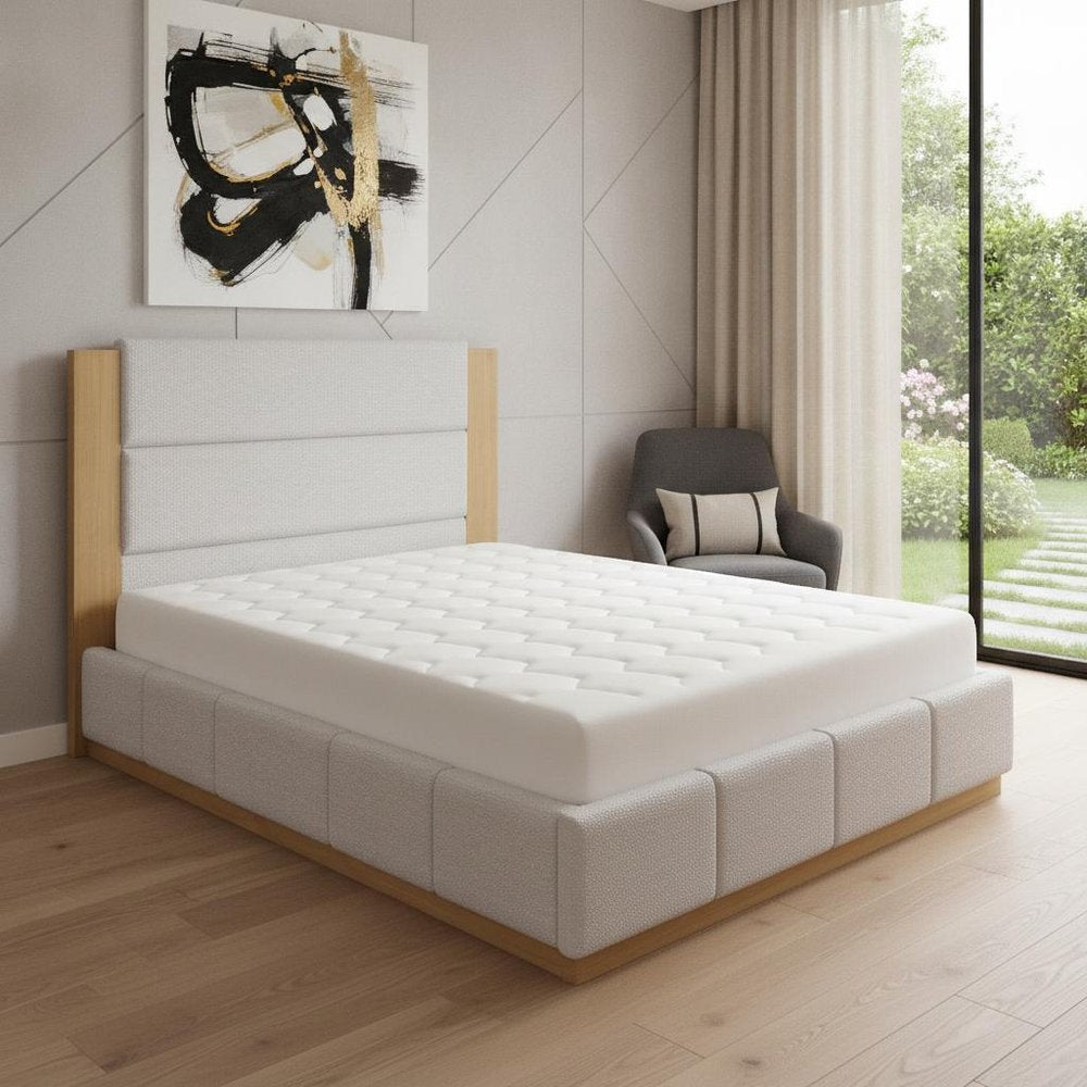 Natural And Off White Solid Wood And Tufted Boucle Upholstered King Bed Frame — view 5