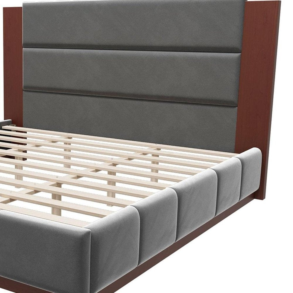 Brown And Gray Solid Wood And Tufted Velvet Upholstered Queen Bed Frame — view 9