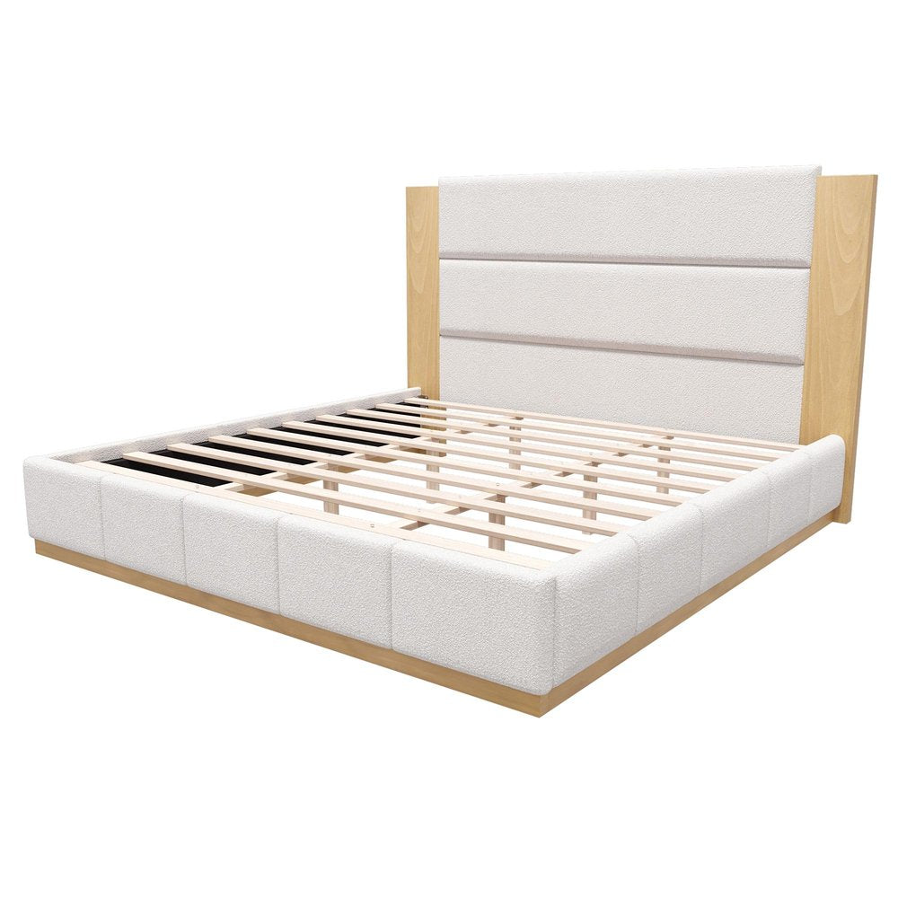 Natural And Off White Solid Wood And Tufted Boucle Upholstered King Bed Frame HomeRoots