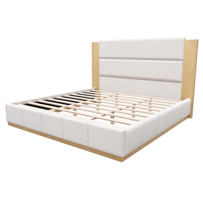 Natural And Off White Solid Wood And Tufted Boucle Upholstered King Bed Frame HomeRoots